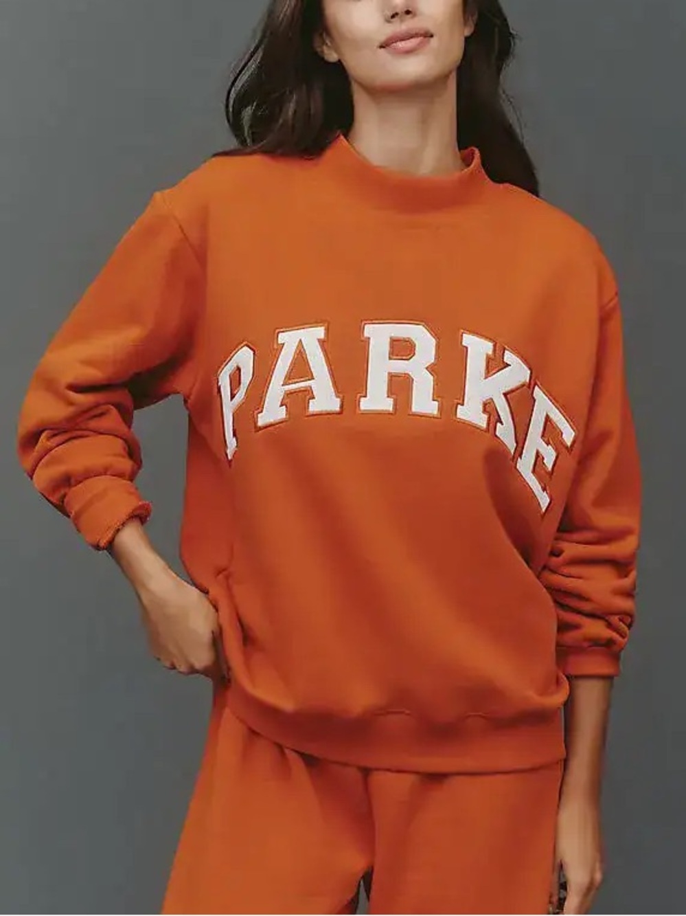 PARKE Varsity Mockneck Crew Sweater Graphic Back To School Heritage Orange RARE